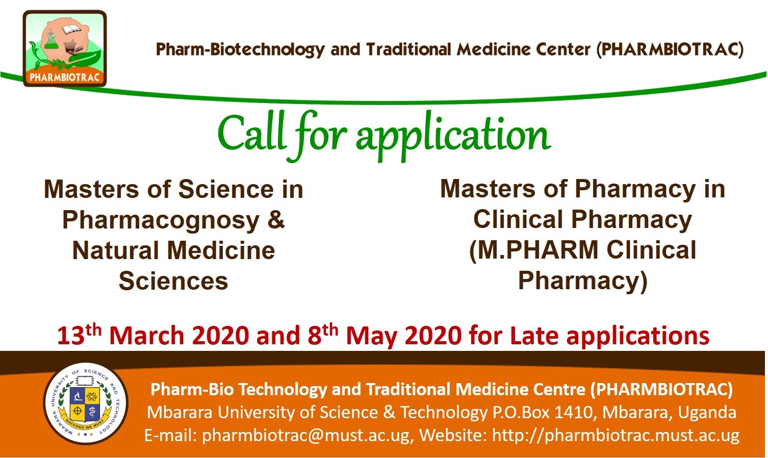 Call for Applicants for Masters of Pharmacy in Clinical Pharmacy (M.Pharm Clinical Pharmacy), Masters of Science in Pharmacognosy & Natural Medicine Sciences