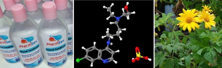 Photo collage of PharmSan Hand Sanitizer bottles, a chemical formula Hydroxychloroquine Sulfate and a yellow flowering medicinal plant – symbolizing the 3 projects which are developed in response to COVID-19